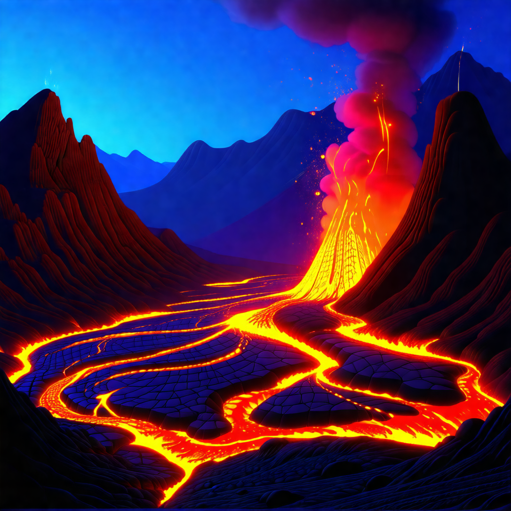 Colorful, hand-drawn illustration of a volcano with a flo...