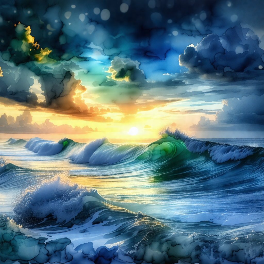 Beautiful sunset over a vast body of water, possibly the ...
