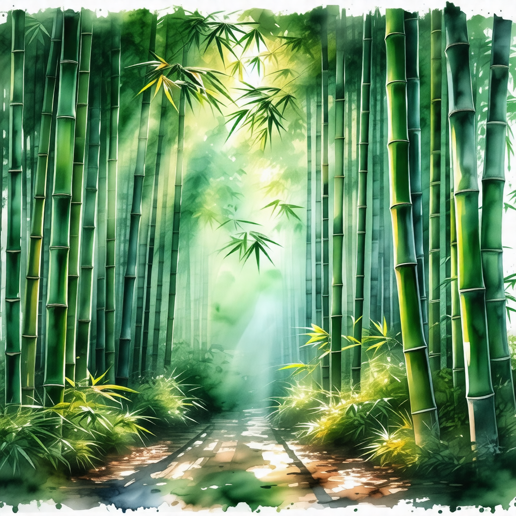 Painting of a forest with a pathway leading through it