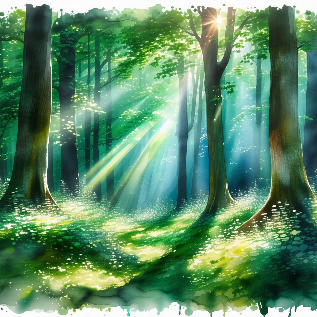 Serene forest scene with a sunlight shining through the t...