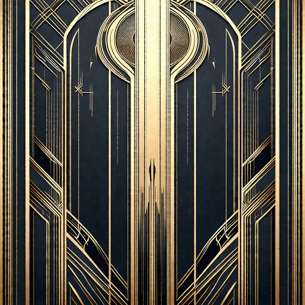 Black and gold art deco style poster featuring a large, o...