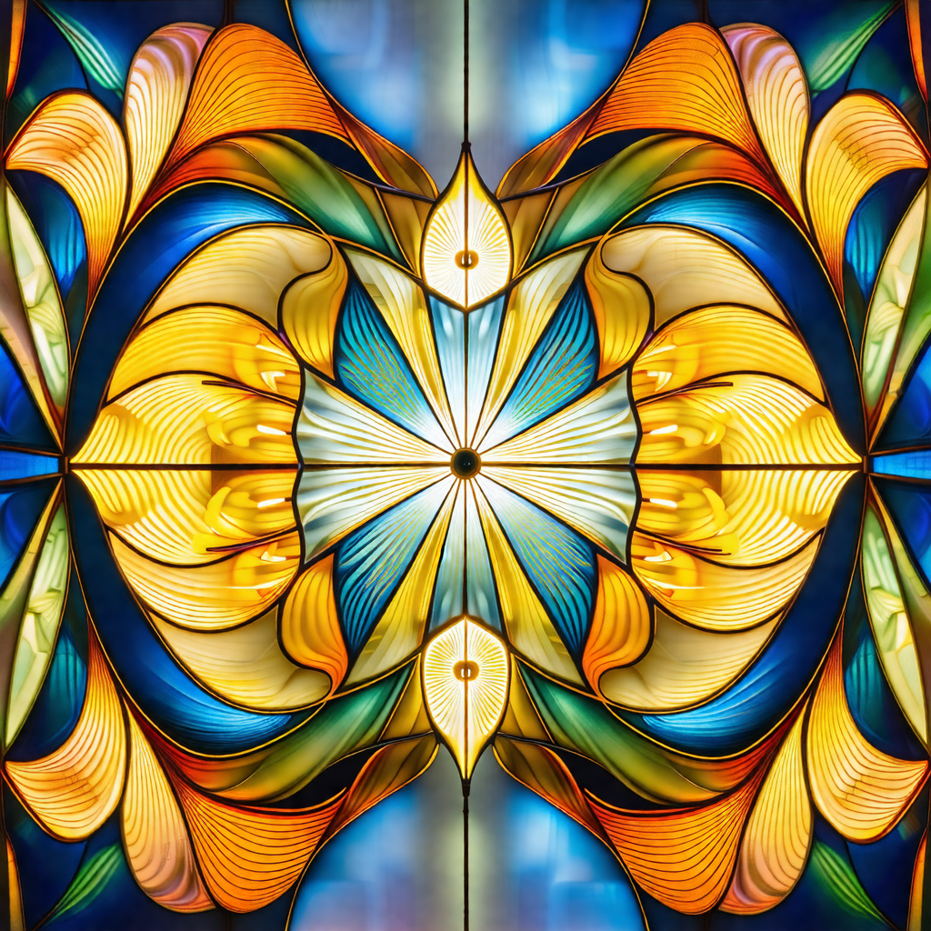 Stained glass window with a yellow and blue color scheme