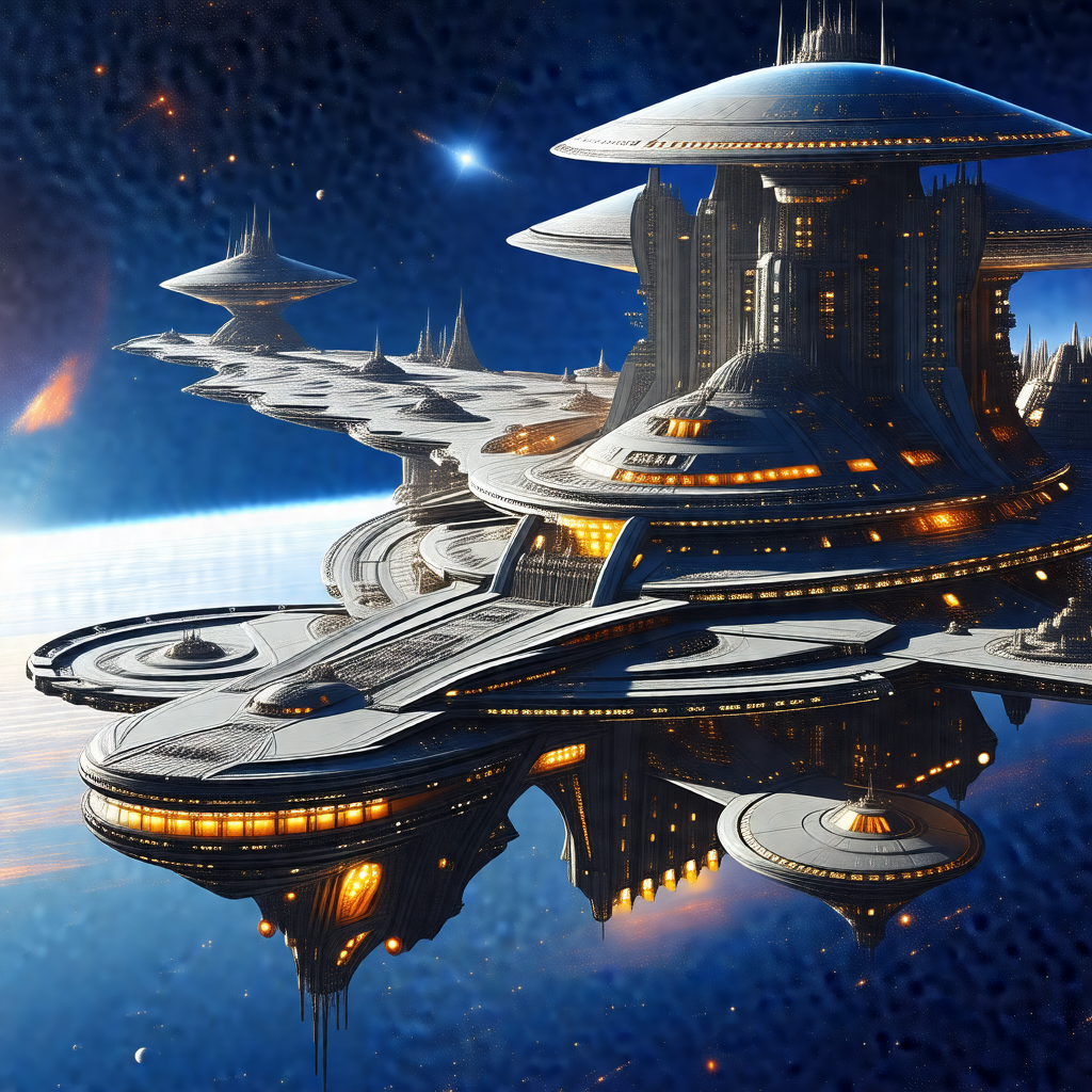 Futuristic space station with a large, circular structure...