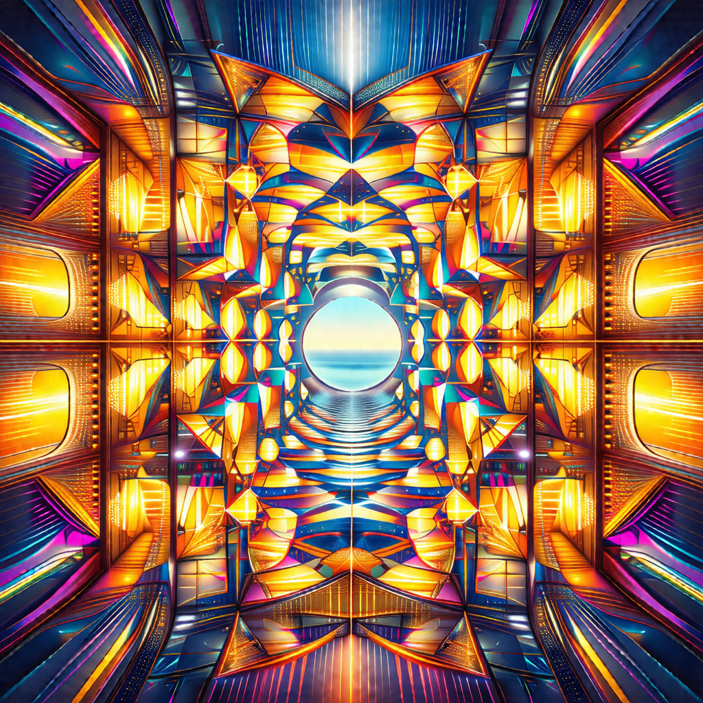 Colorful, abstract artwork featuring a large, circular wi...
