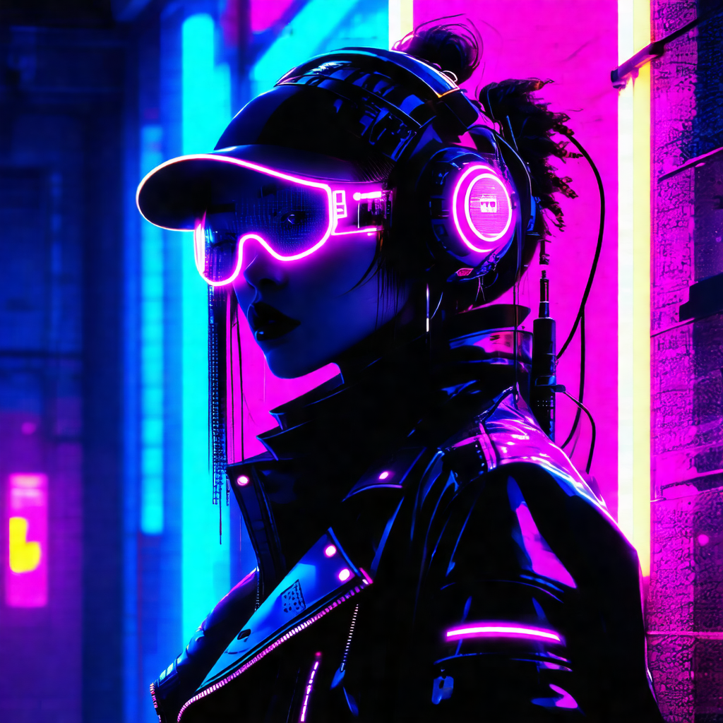 Woman wearing a black jacket and a hat with glowing pink ...