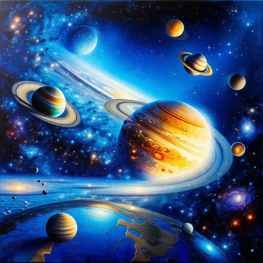 Painting of a solar system, featuring a large blue planet...