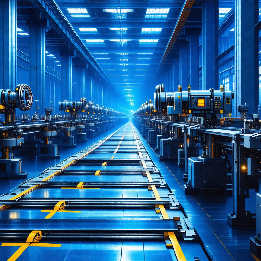 Large factory with a long assembly line filled with vario...
