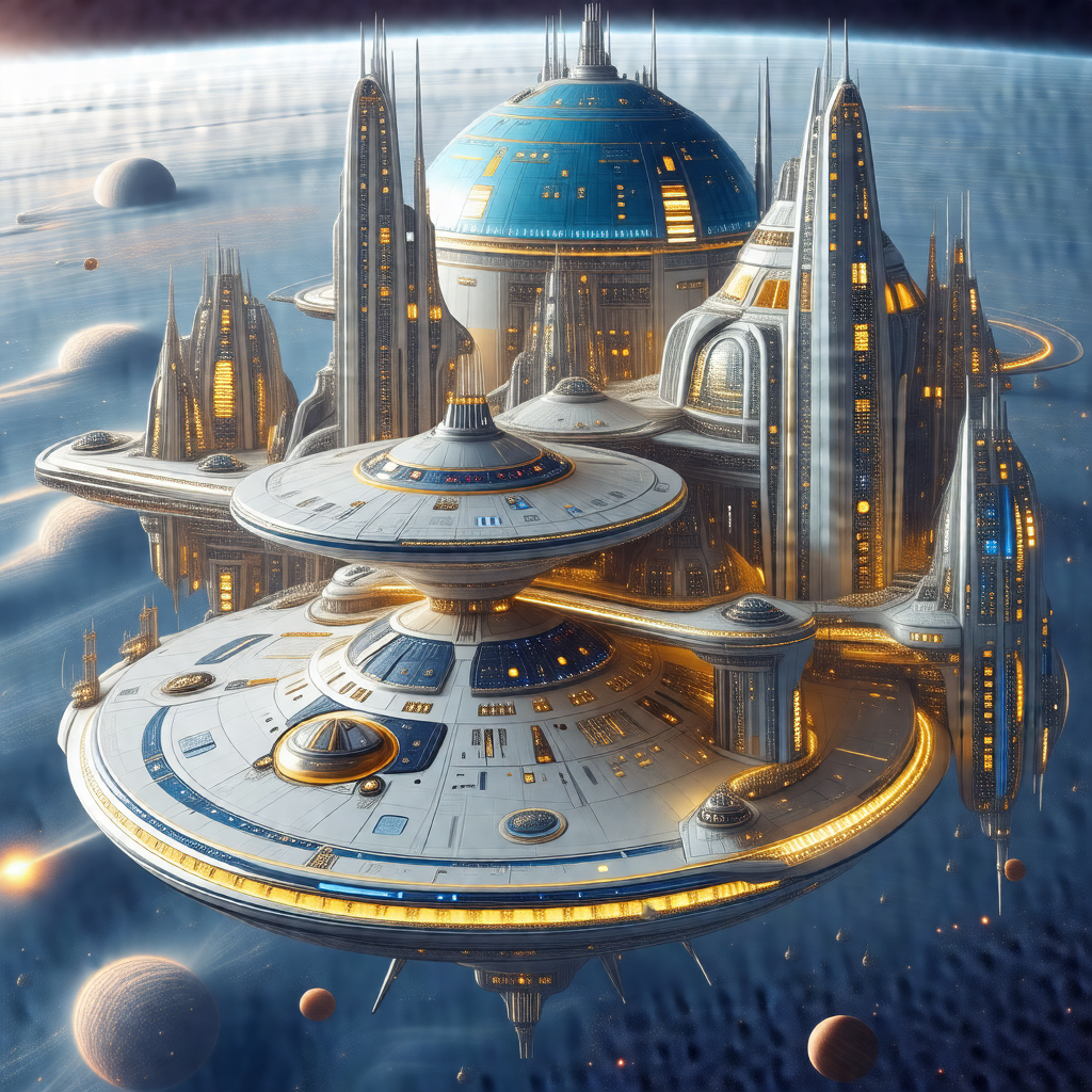 Futuristic drawing of a large, multi-level space station