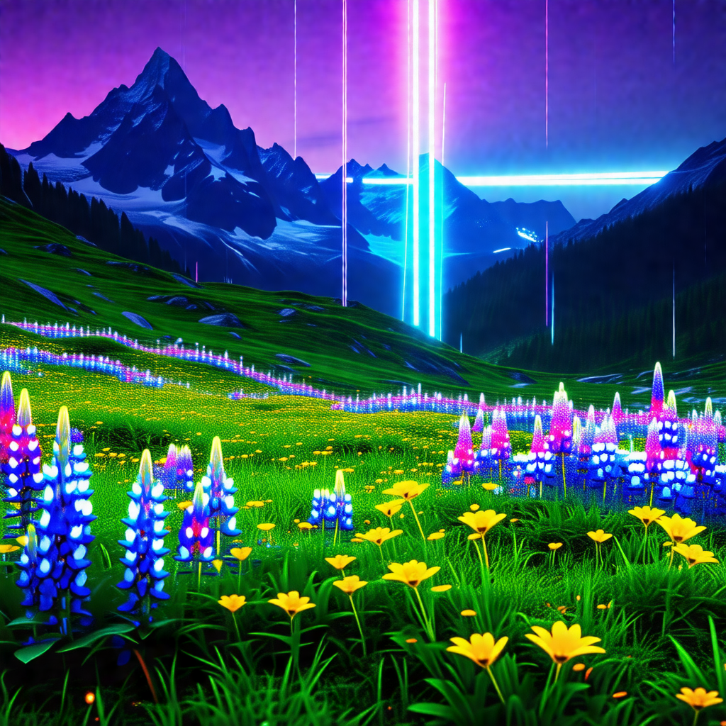 Lush green field with a mountain range in the background