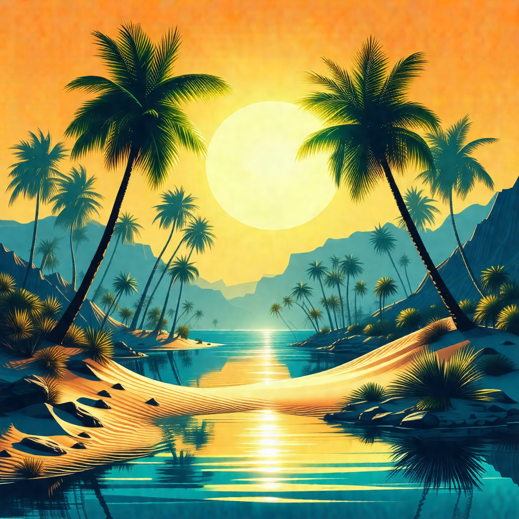 Beautiful tropical scene with a sunset in the background