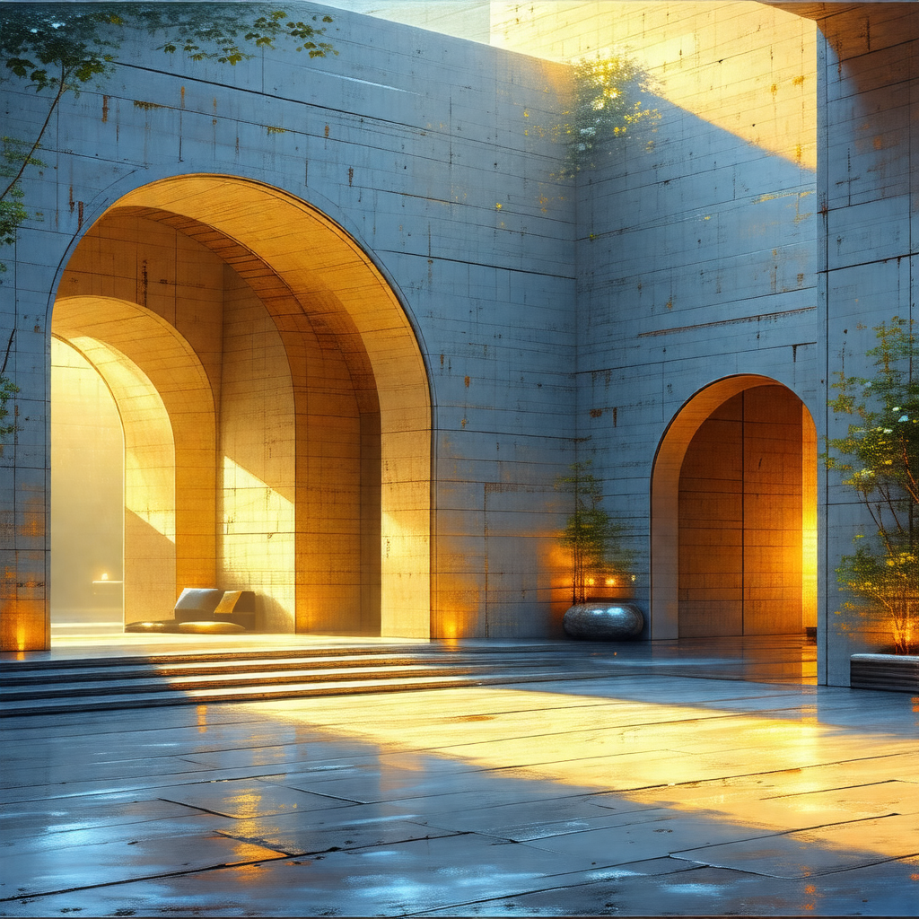 Digital painting of a large stone building with a courtyard