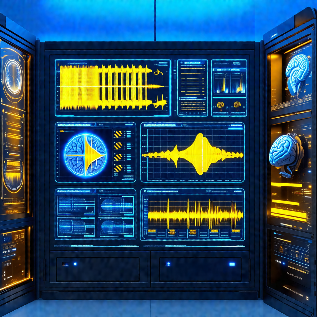 Futuristic control room with a large display of various c...