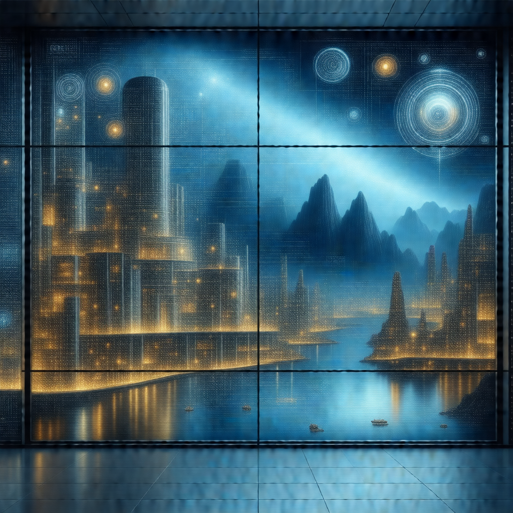 Futuristic cityscape with a large, illuminated building i...