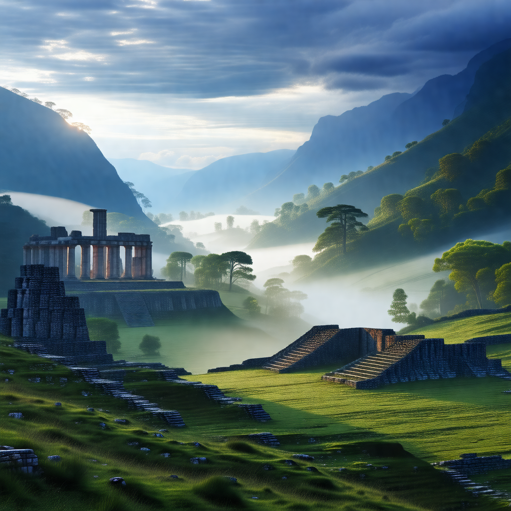 Beautiful landscape with a large, ancient stone structure...