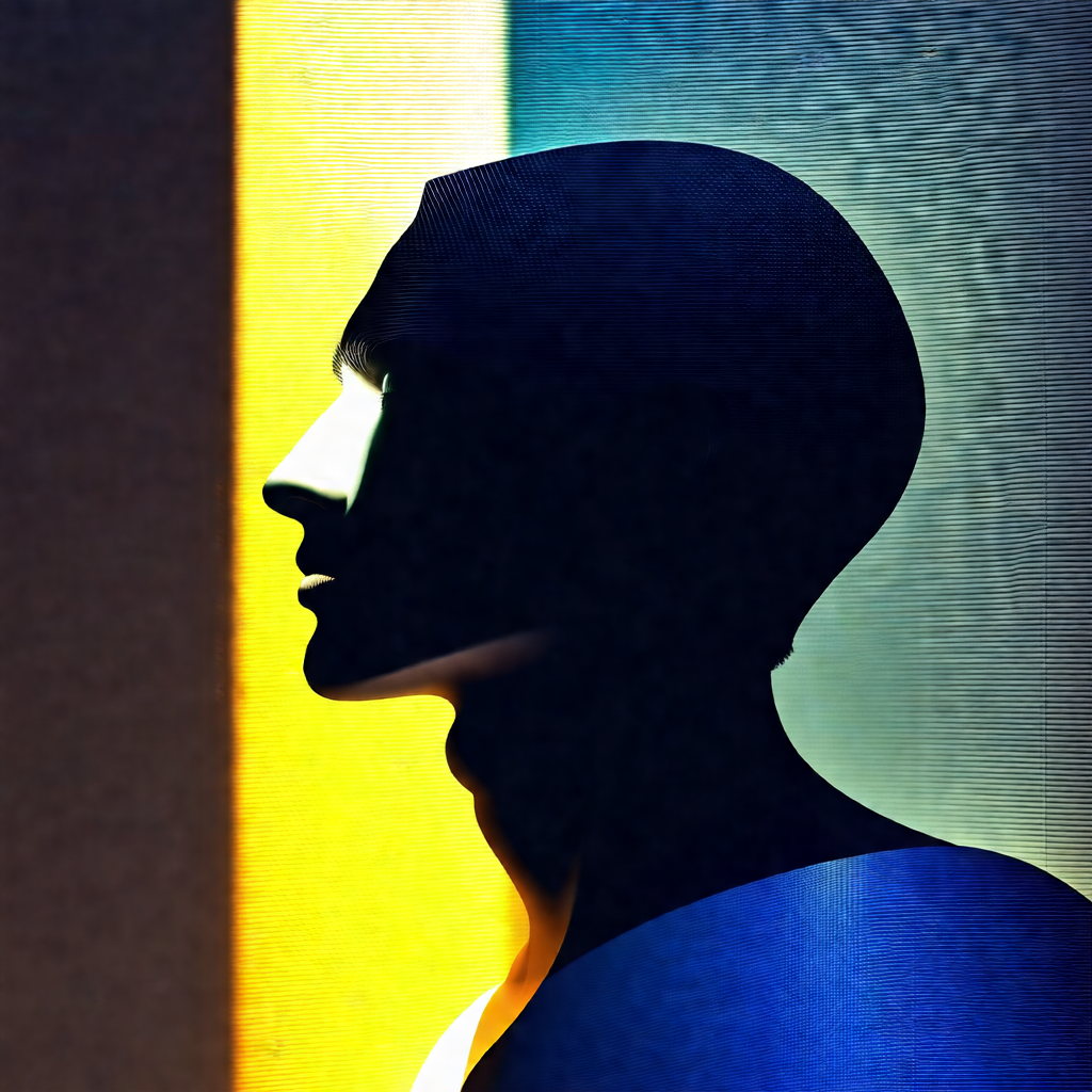 Man with a blue head, standing in front of a yellow and b...