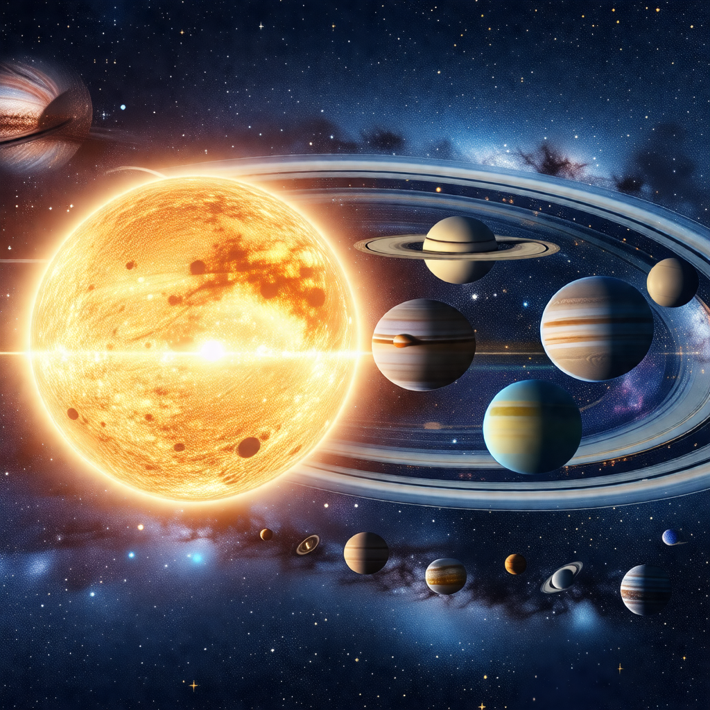 Solar system with a large sun in the center, surrounded b...