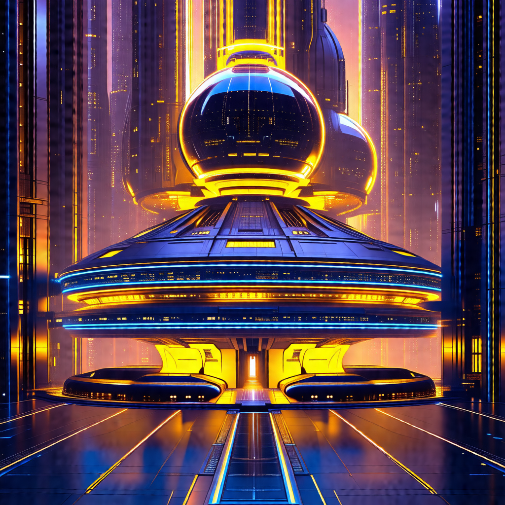 Futuristic city with a large, round building in the center