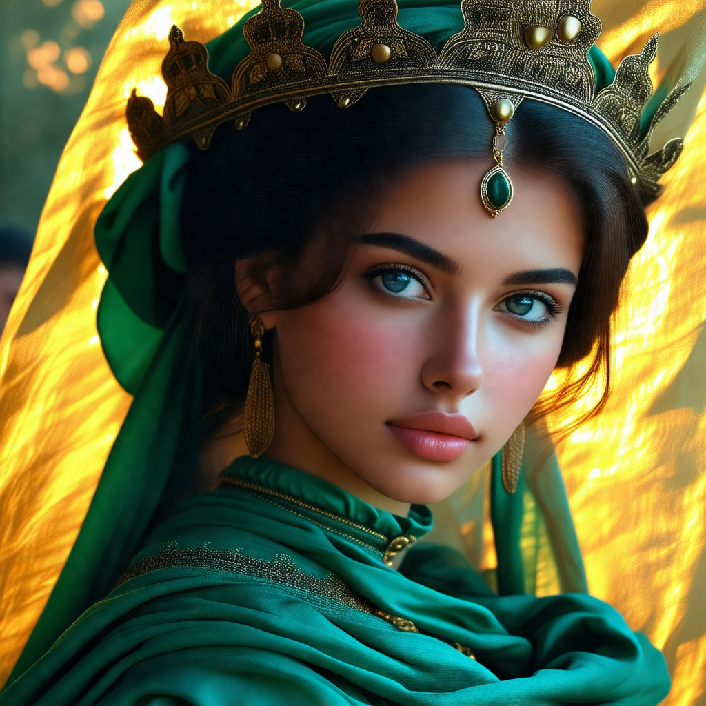 Woman wearing a green dress and a gold crown