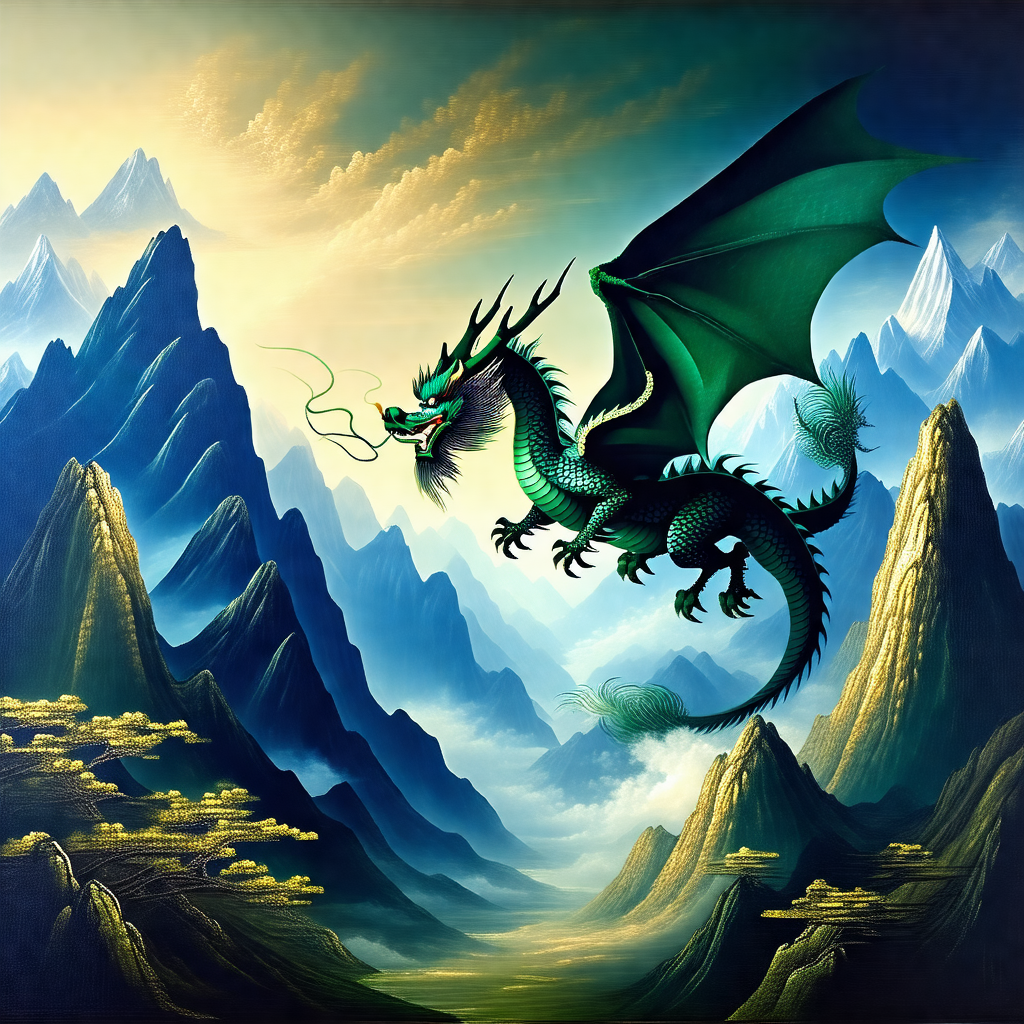 Dragon flying through the sky, with its wings spread wide