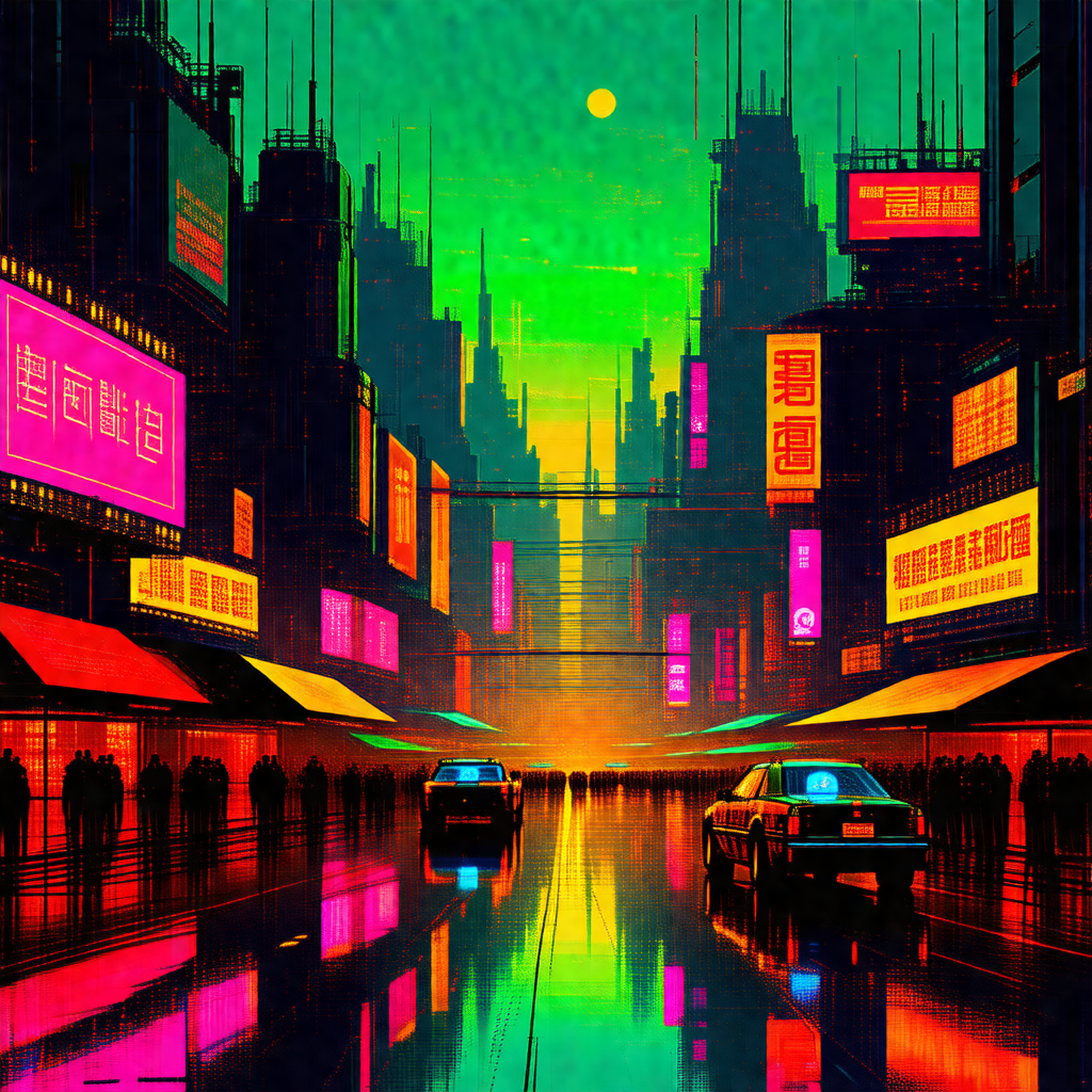Colorful, futuristic cityscape with a rain-soaked street