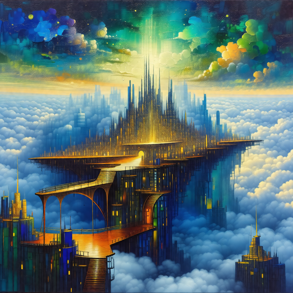 Painting of a futuristic city with a large, tall building...