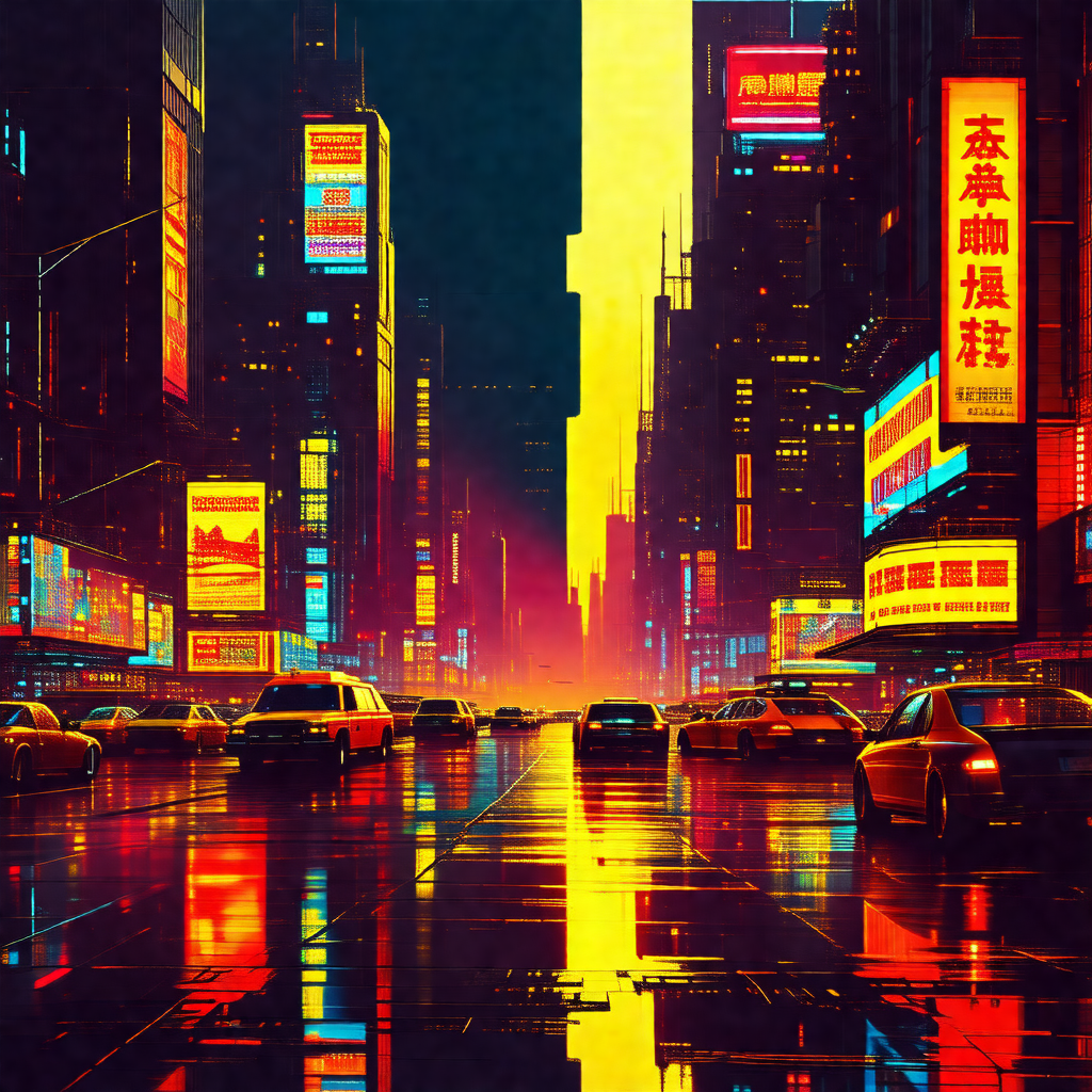 Busy city street at night, filled with traffic and illumi...
