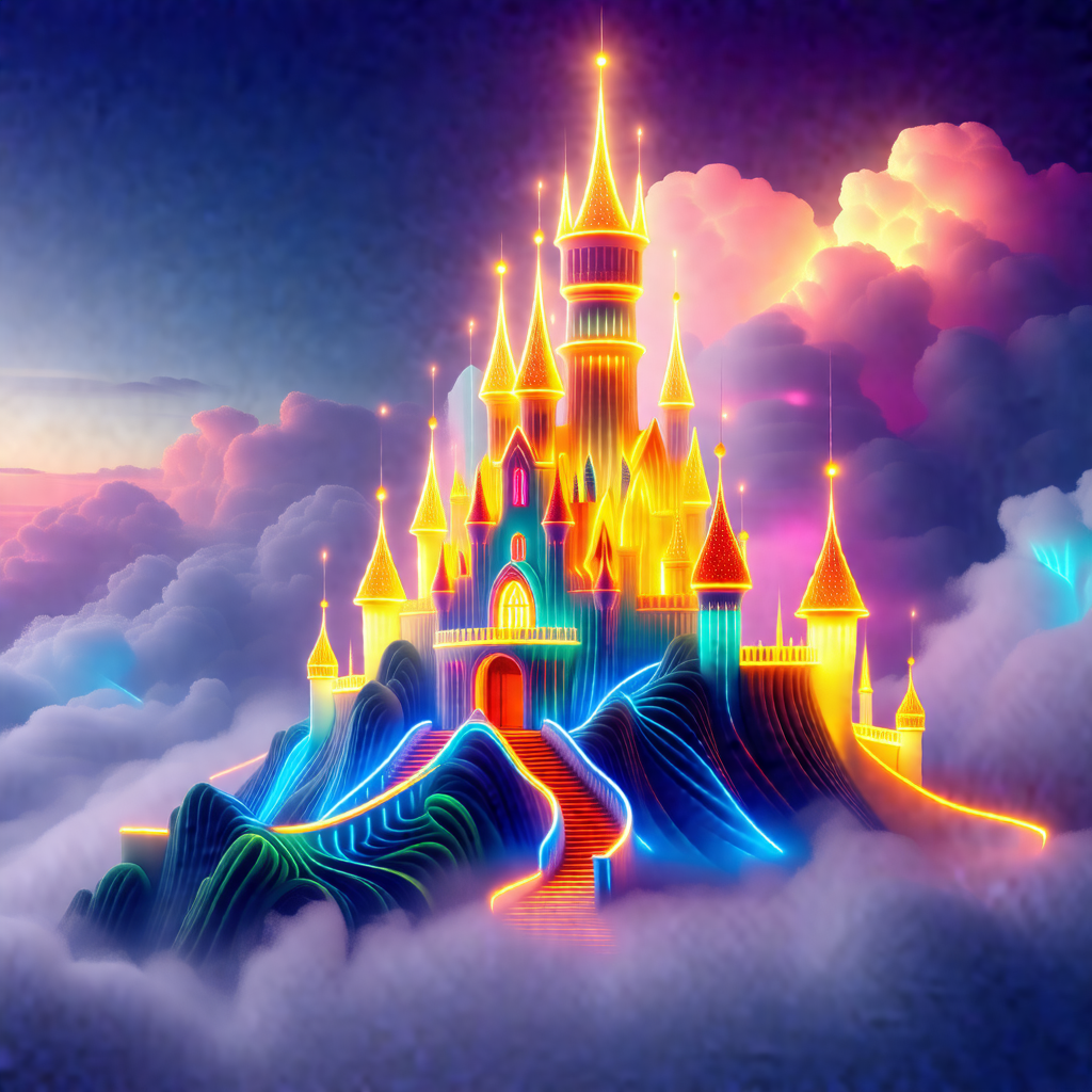 Colorful, illuminated castle floating in the sky