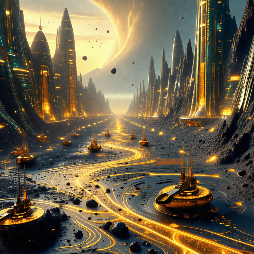 Futuristic cityscape with a long, winding road that leads...