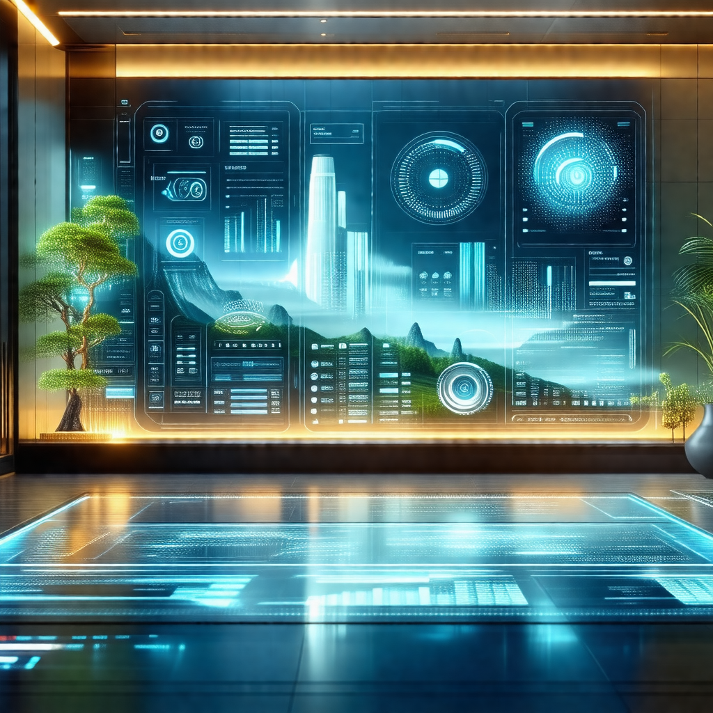 Futuristic room with a large screen on the wall