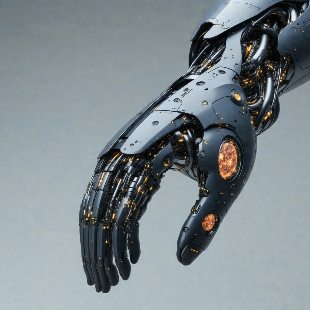 Close-up of a robotic hand with a metallic appearance