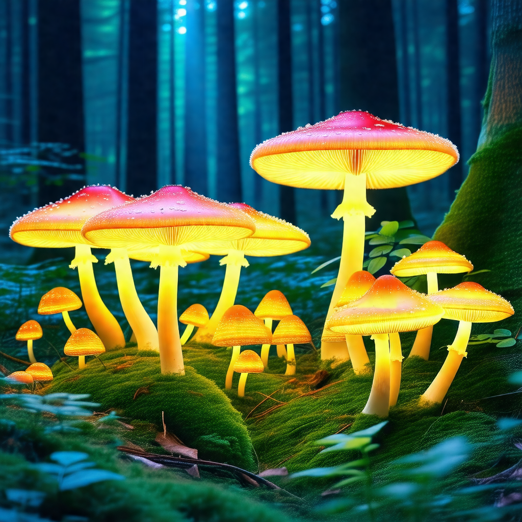 Forest with a group of mushrooms glowing in the dark