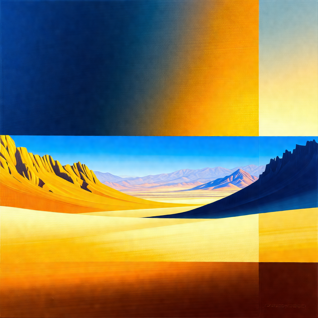 Painting of a desert landscape, featuring a mountain rang...
