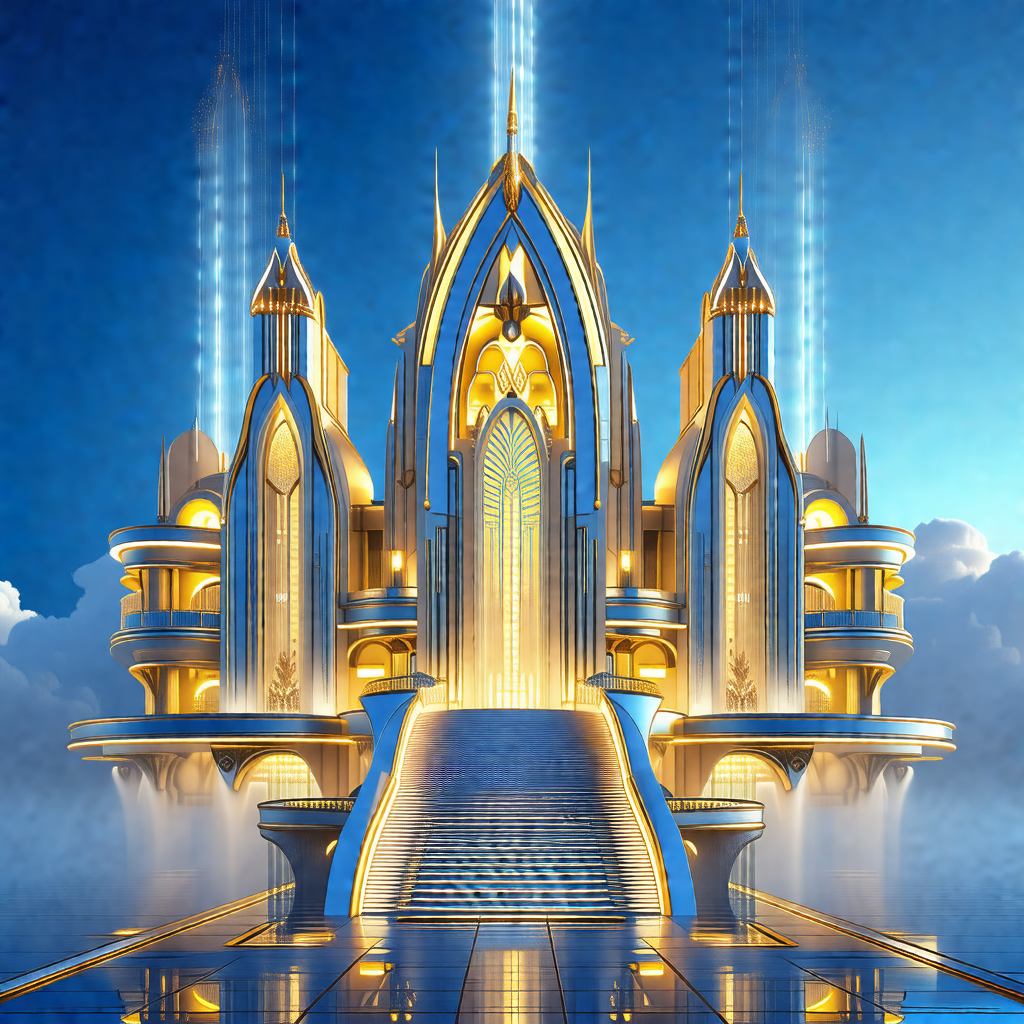 Digital painting of a large, ornate building with a stair...