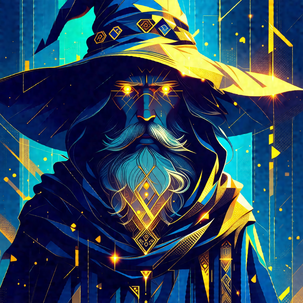 Wizard with a long beard and a blue hat, standing in fron...