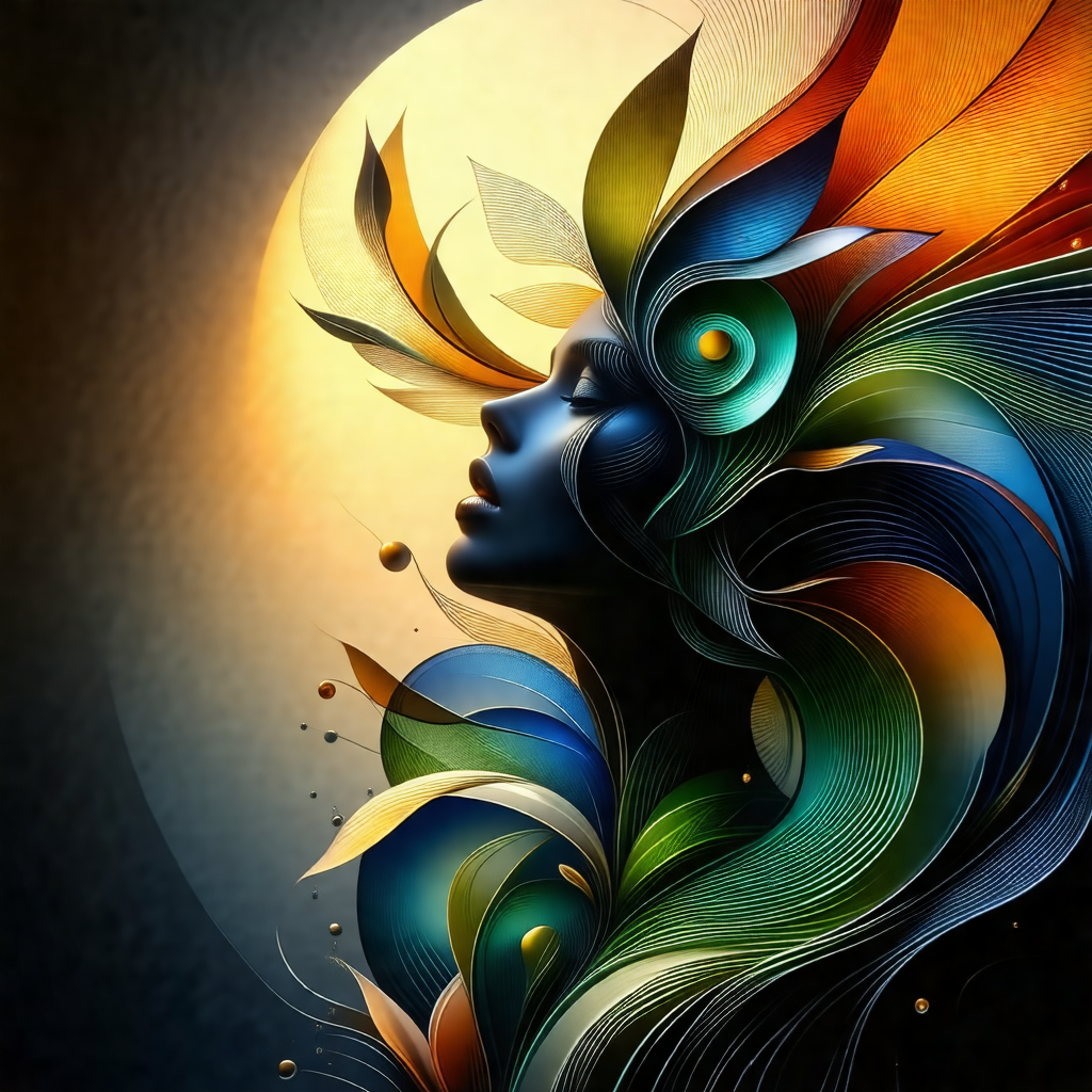 Woman with a flowing mane, adorned with a colorful crown