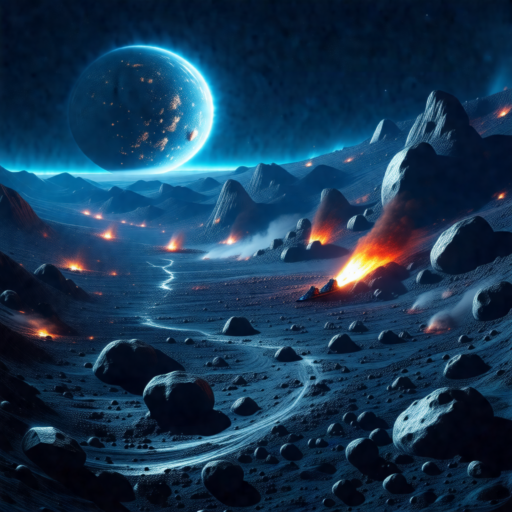 Futuristic scene with a large, glowing planet in the back...