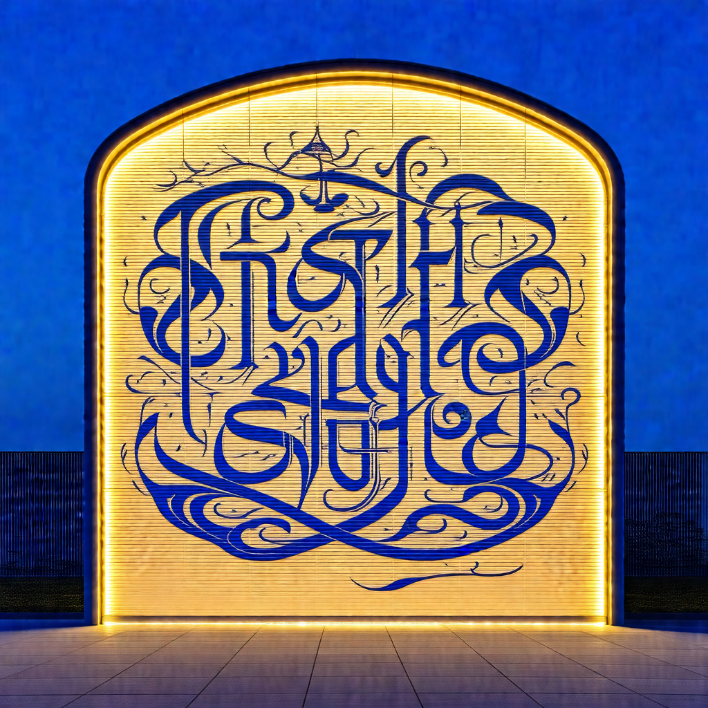 Large, blue, and gold sign with a design that resembles a...