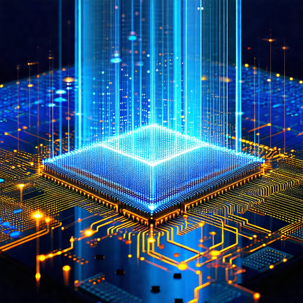 Close-up of a computer circuit board with a blue glow sur...