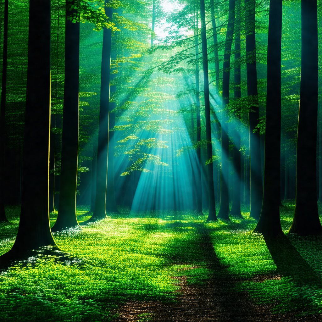 Lush green forest with a pathway leading through the trees