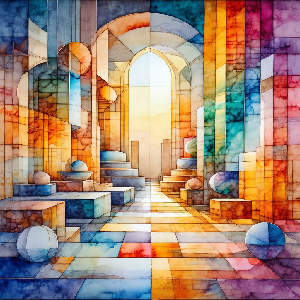 Painting of a colorful and intricate hallway