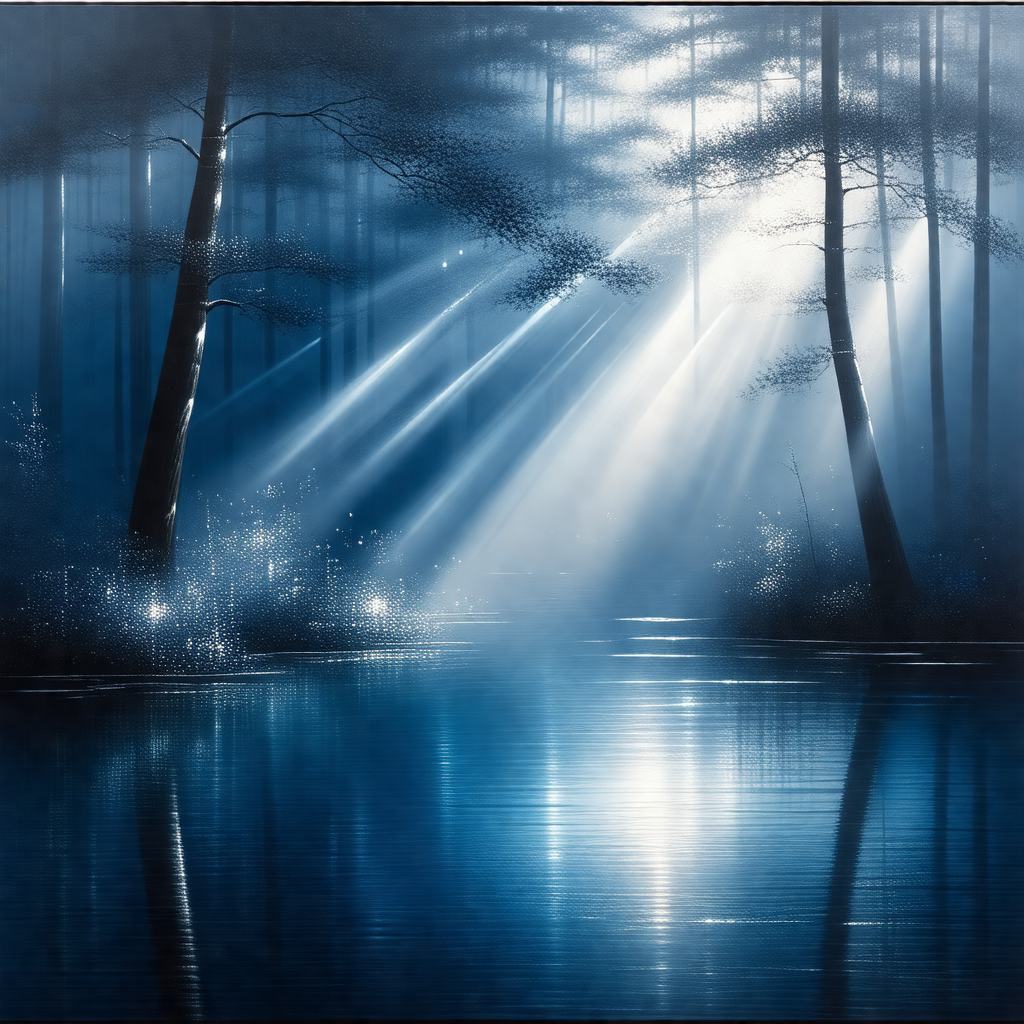Painting of a forest at dusk