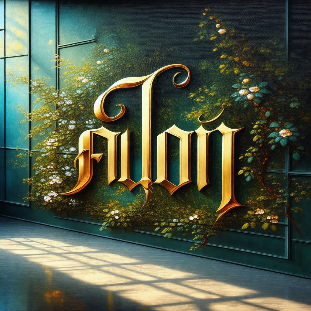 Large, ornate painting of a letter f, which is the focal ...