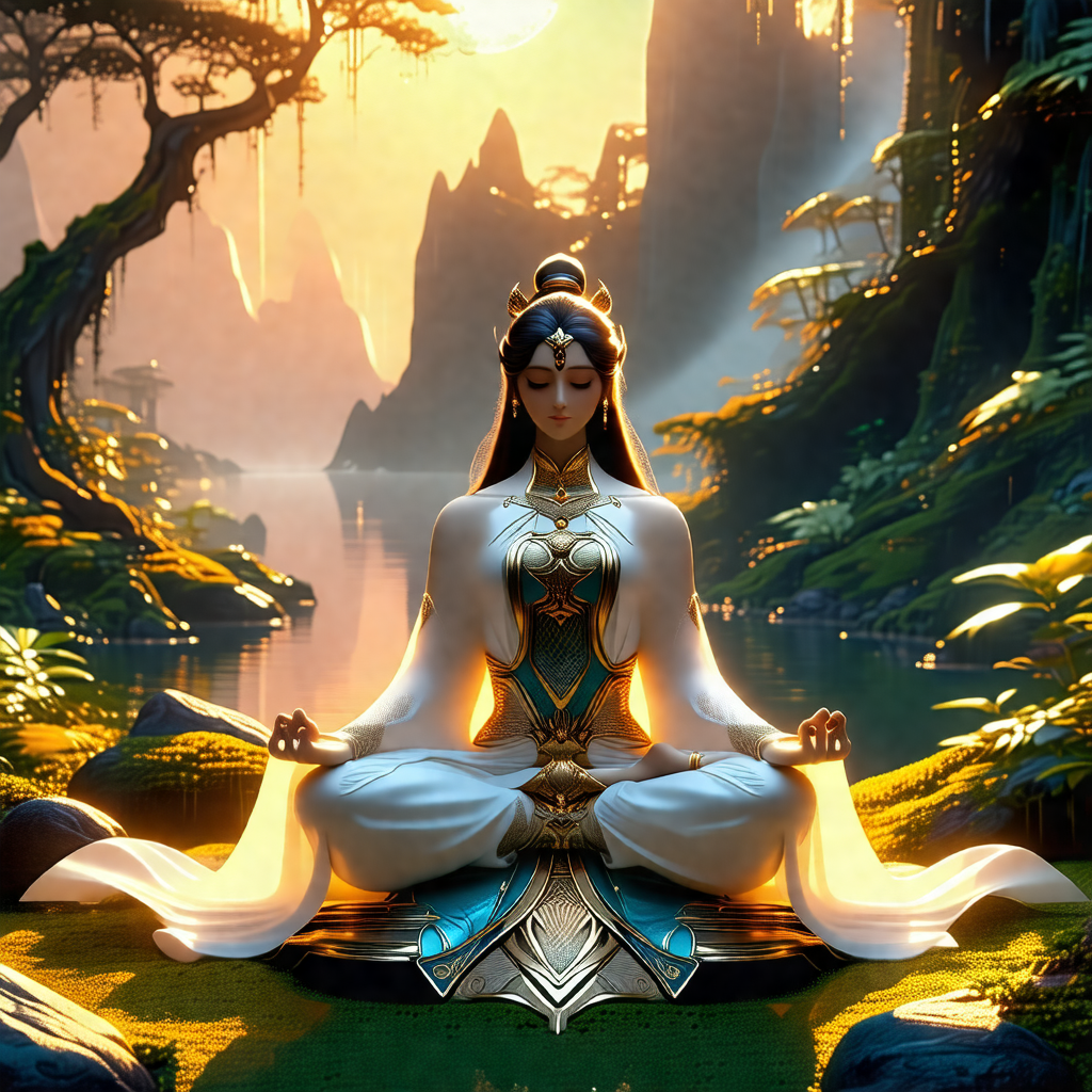 Woman sitting on the ground, surrounded by a lush green f...