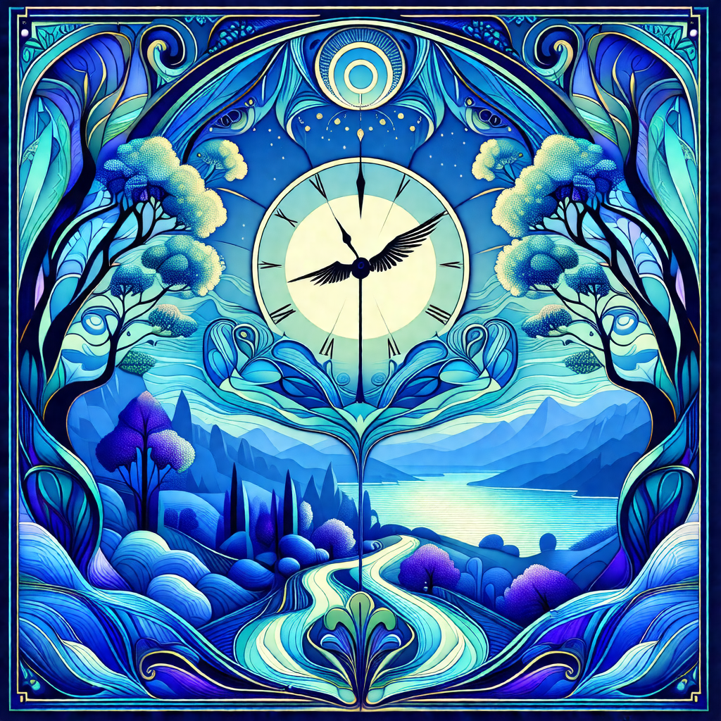 Beautifully drawn blue and white picture of a clock, with...