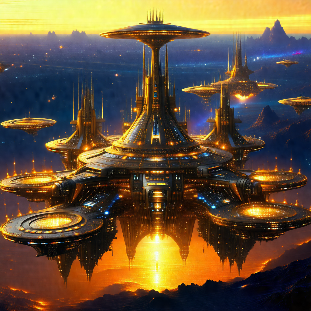 Futuristic painting of a large, sprawling city with a mas...