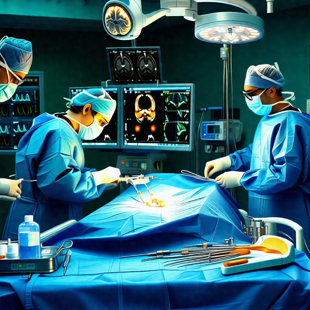 Surgical room with three doctors working on a patient
