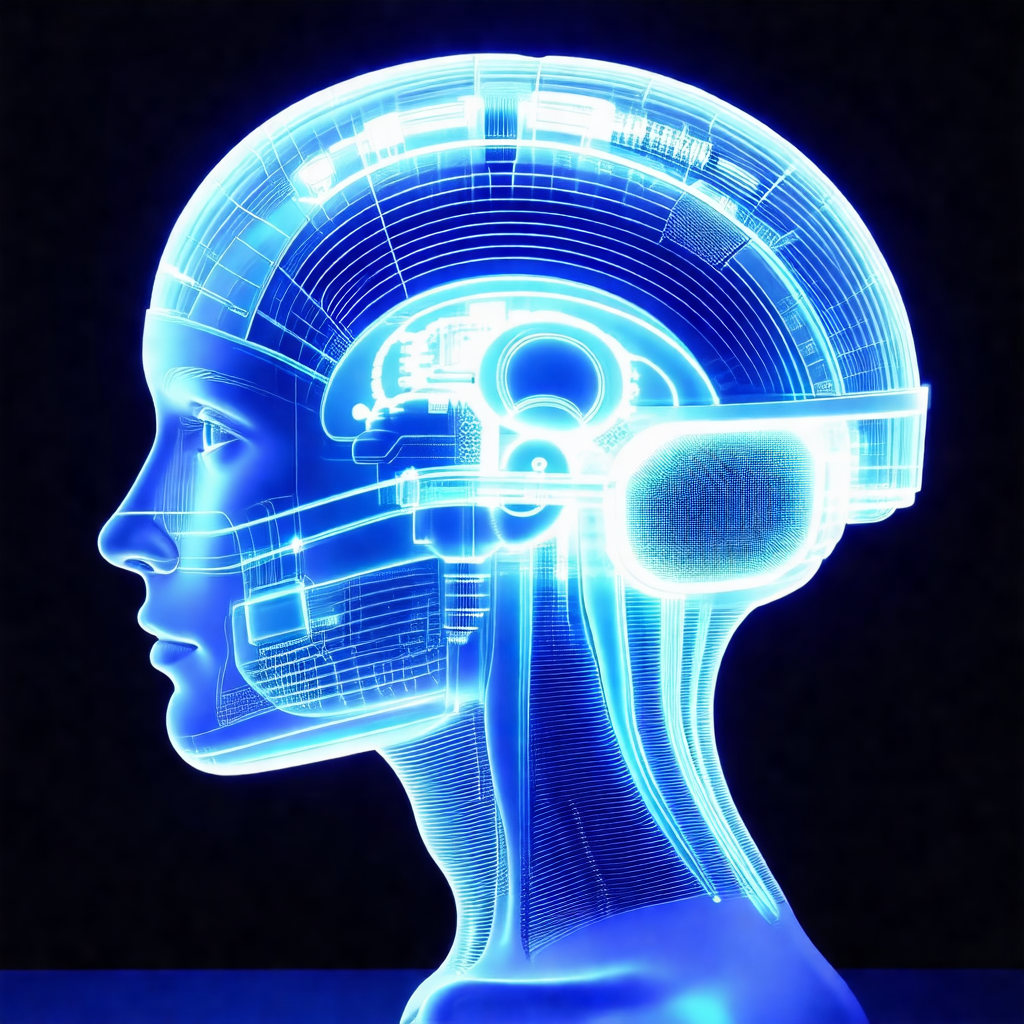 Close-up of a human head, with a blue light illuminating ...