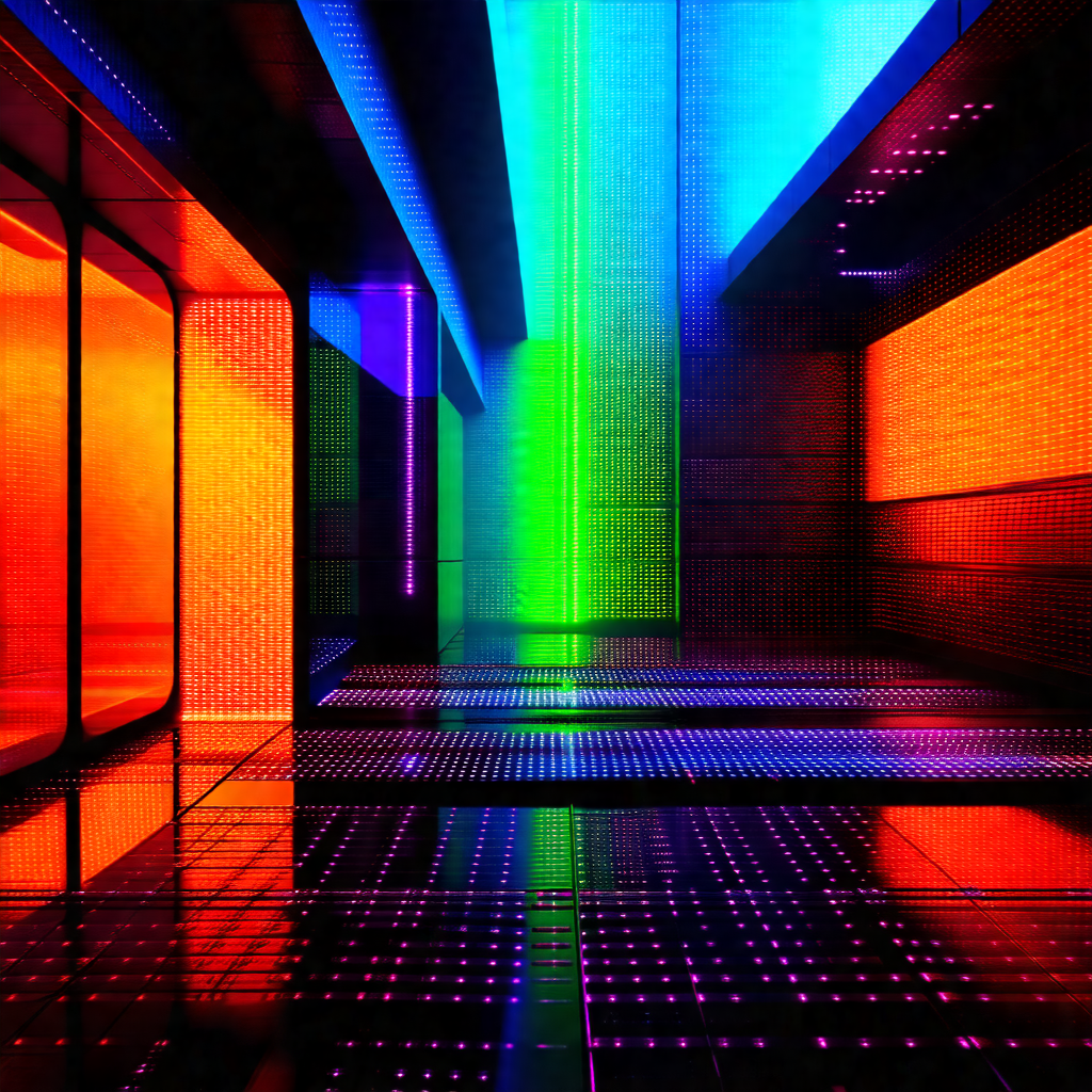 Black and white photo of a hallway with a rainbow-colored...
