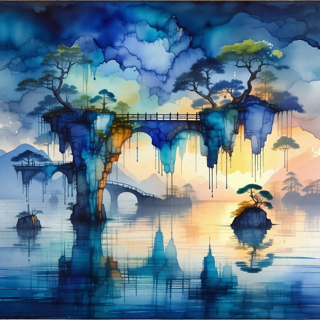 Serene scene of a small island with a bridge connecting i...