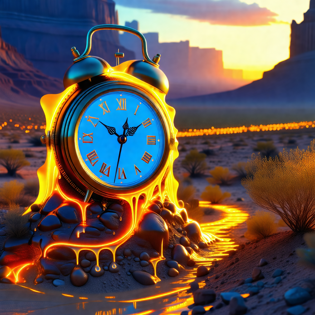 Large, golden clock sitting in the middle of a desert lan...
